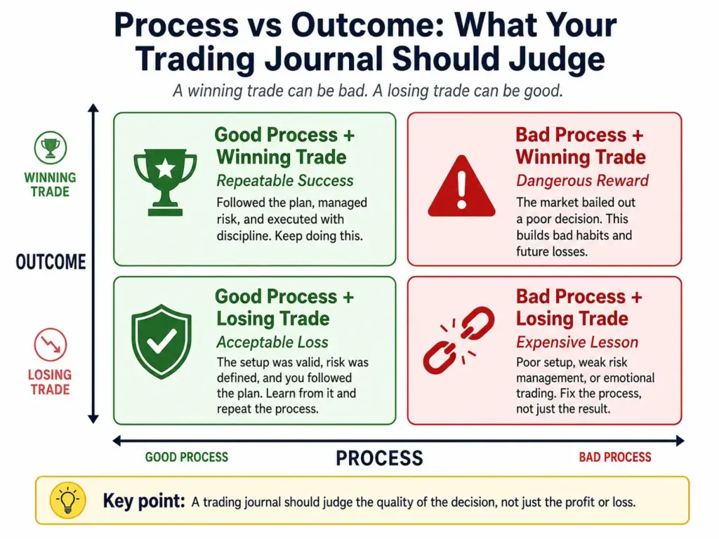 Process versus outcome matrix showing good and bad trading decisions compared with winning and losing trades