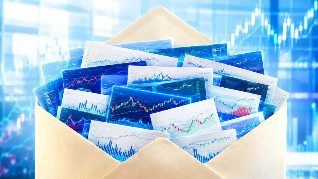 Envelope containing multiple trading charts representing the moving average envelope indicator